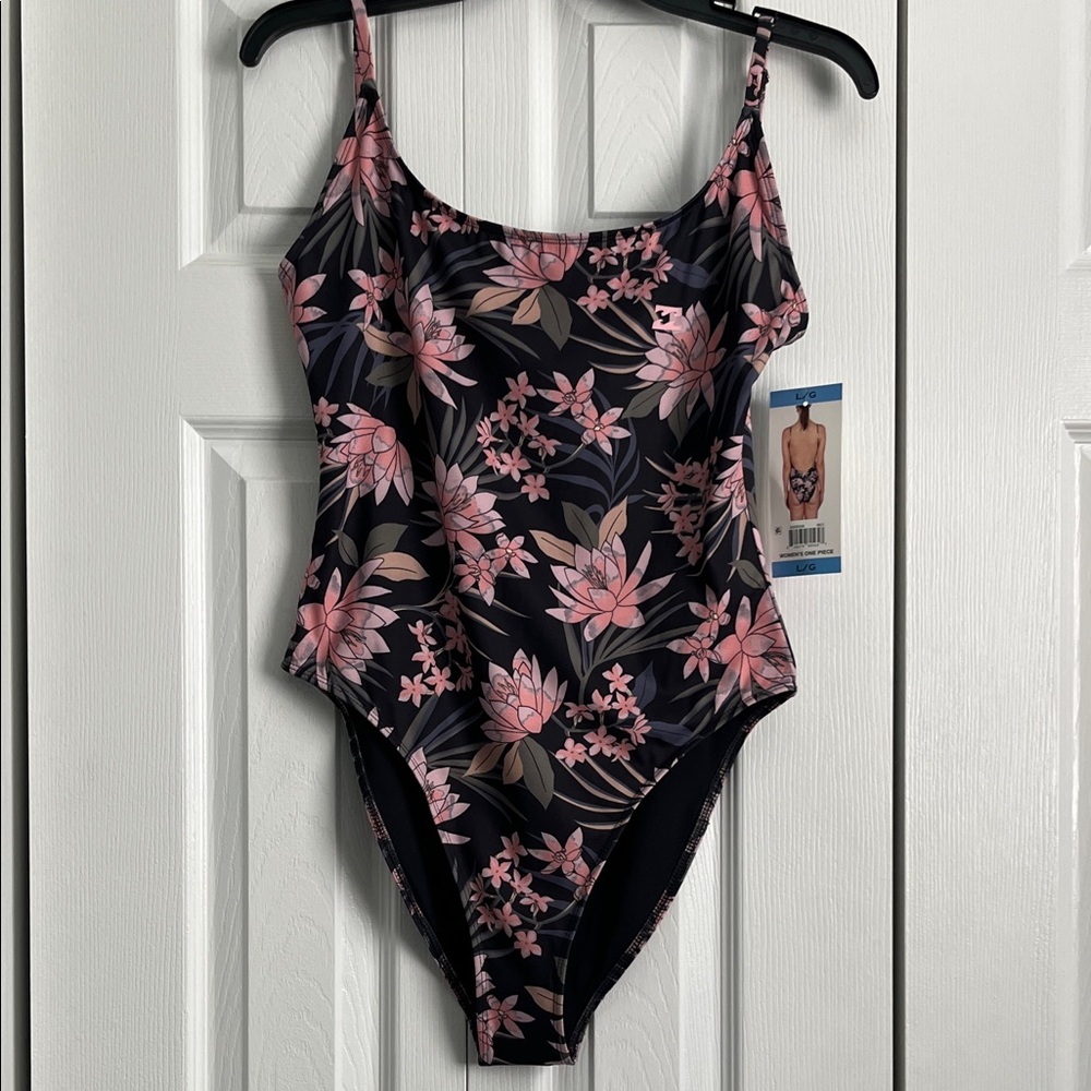 Billabong Black One-Piece Swim Bodysuit with Pink Floral Print
